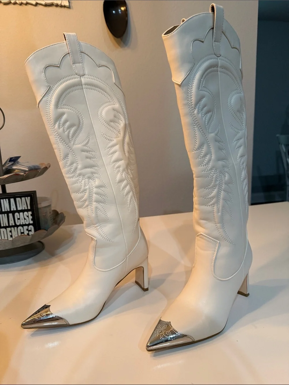 Lulu's White Over-the-Knee Western Boots with Silver Toe Caps